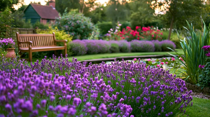 A garden scene featuring a bench beside a water lily pond.