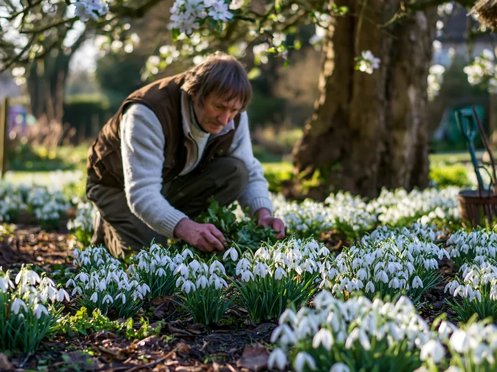 A gardener is working in a garden, carefully tending to snowdrop flowers beneath trees in early spring.