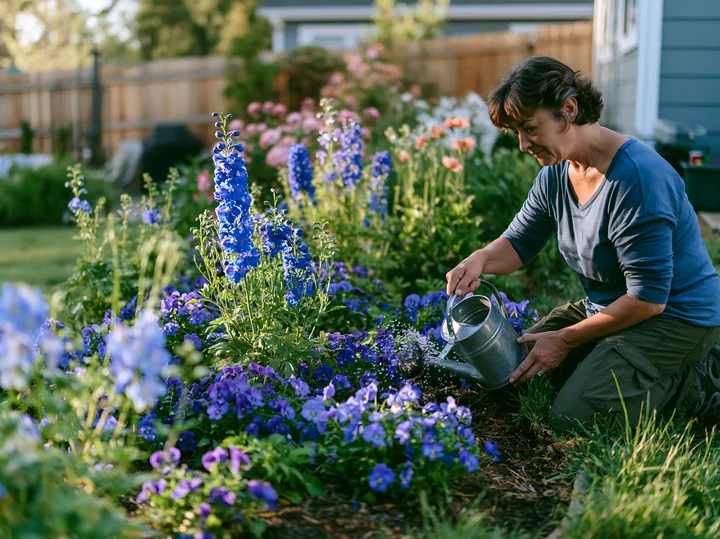 A gardener waters a vibrant delphinium flower border in a backyard garden.