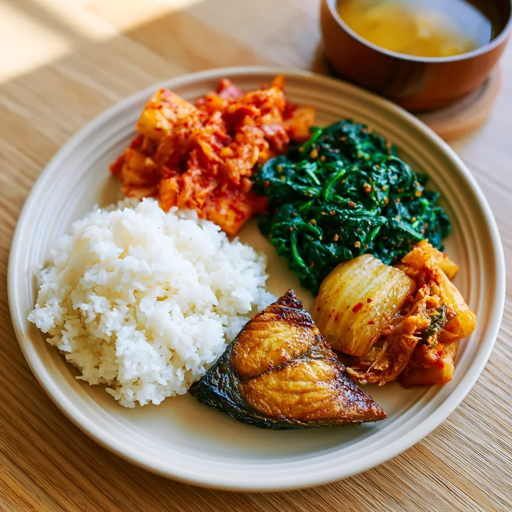 A generous breakfast plate with rice, grilled fish, kimchi, and sautéed greens is served on a wooden table.