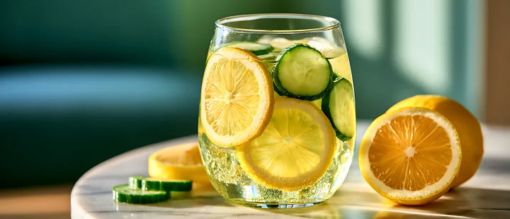 A glass filled with a refreshing drink features lemon and cucumber slices.