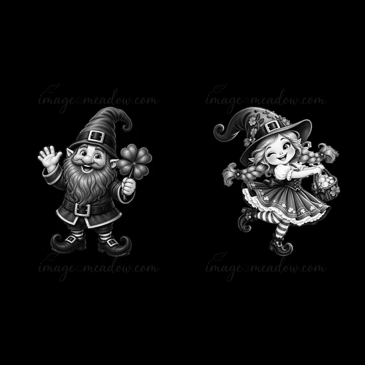 A gnome with a bushy beard waves while holding a shamrock. Beside him, a girl gnome winks and carries a basket filled with flowers. Both figures are designed in