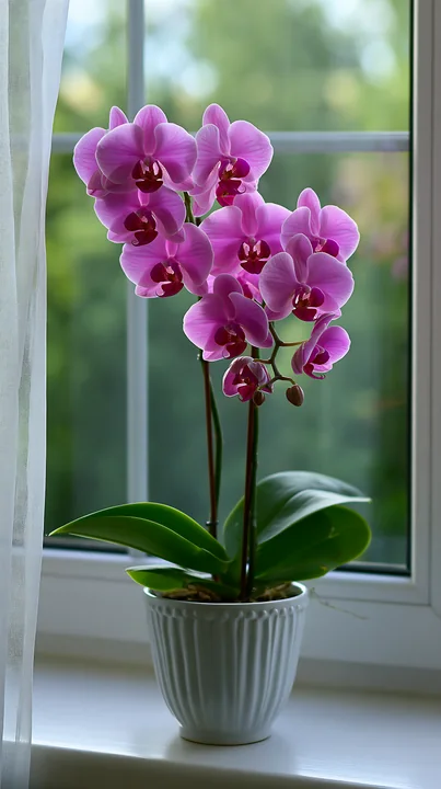 A group of pink orchids stands in a white pot on a windowsill.