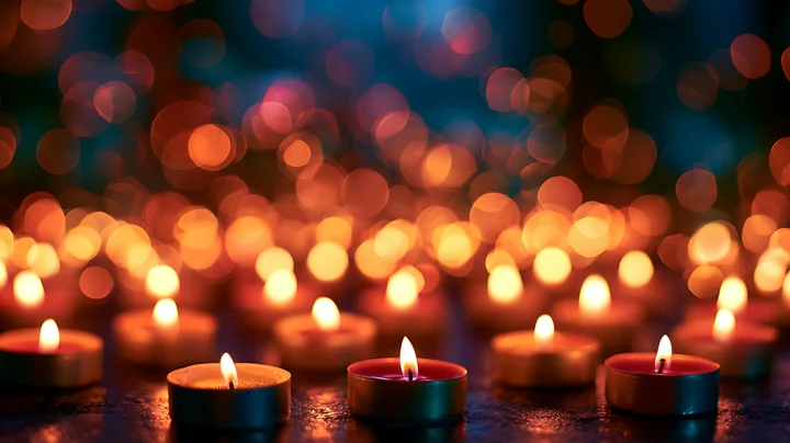A group of tea light candles emits soft light, illuminating the background with orange bokeh.