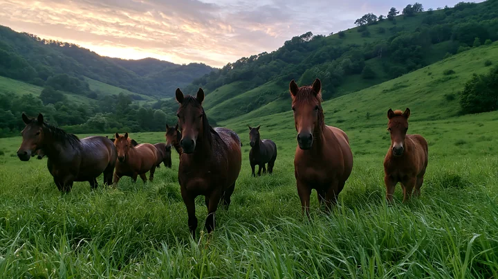 A group of wild horses grazes in a lush green valley during sunrise.