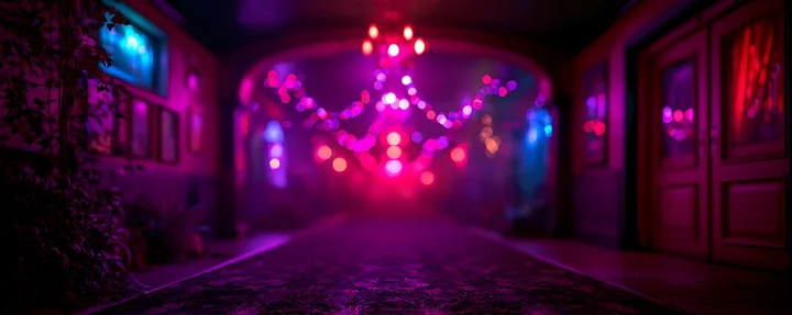 A hallway is filled with colorful lights hanging from the ceiling.