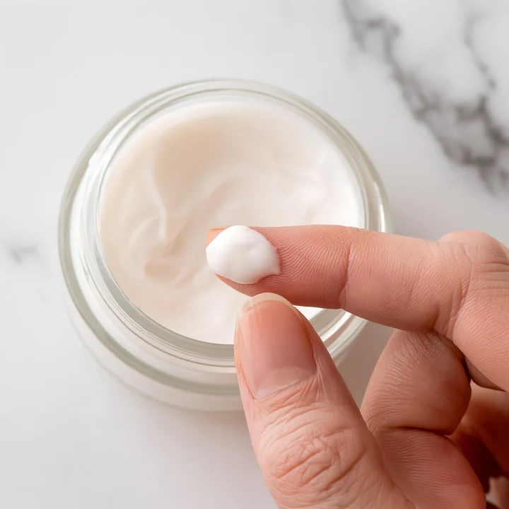 A hand applies a small amount of cream from a jar to the fingertip.