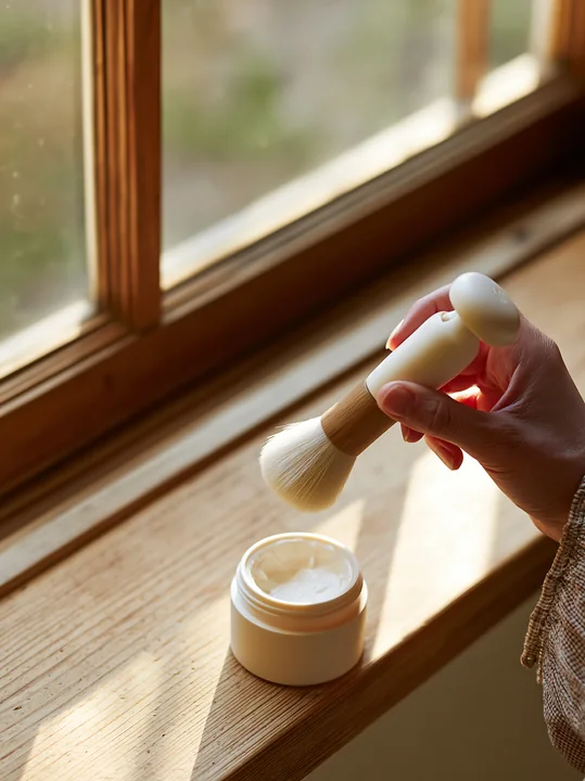 A hand holds a makeup brush above a jar as cream dose dispensed onto a makeup brush.