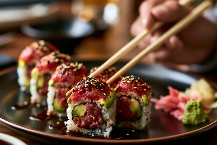 A hand lifts a spicy tuna roll with chopsticks from a black plate.