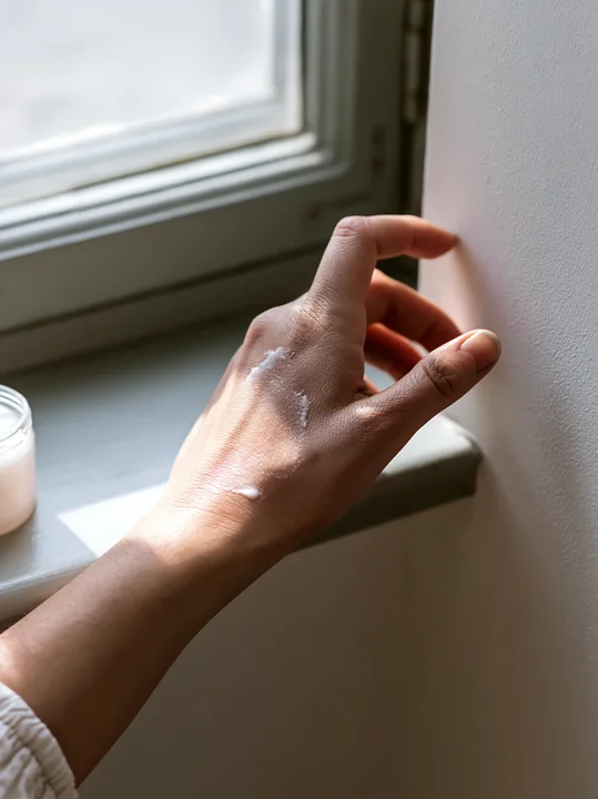 A hand reaches towards a wall with a small amount of cream visible.