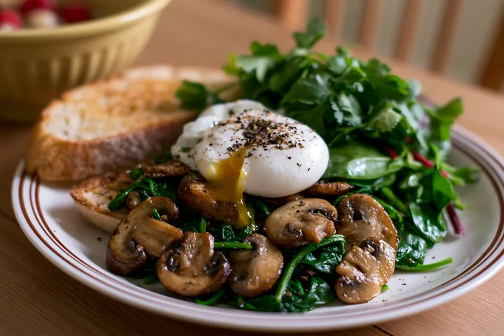 A healthy breakfast plate on wooden table includes poached eggs, sautéed mushrooms, and fresh greens served with toasted bread.