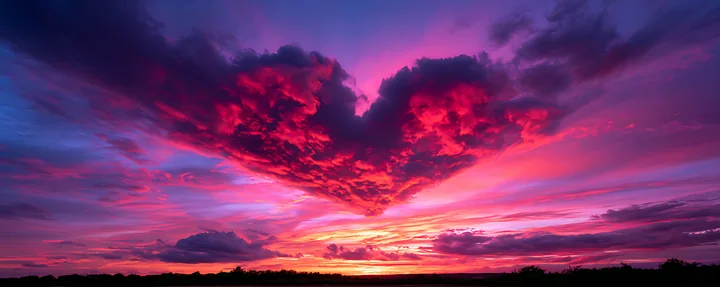 A heart shape appears in the clouds as the sun sets, creating a vibrant sky filled with shades of pink and purple.