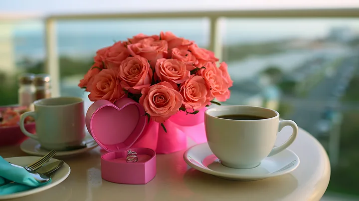 A heart-shaped ring box sits beside a bouquet of roses on a table, alongside two cups of coffee.