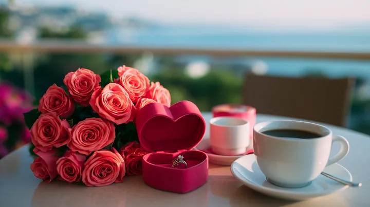 A heart-shaped ring box sits next to a bouquet of roses and a cup of coffee on a table.