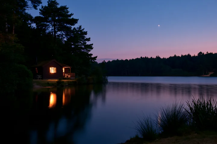 A holiday home under stars stands near a calm lake as twilight sets in.
