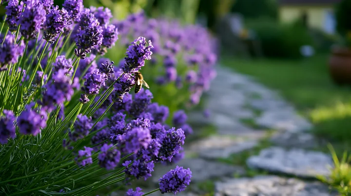 A honey bee closeup on purple lavender flowers shows the bee collecting nectar in a vibrant garden.