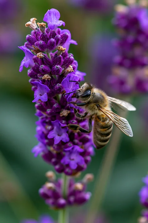 A honey bee collects nectar from a purple lavender flower in a garden.