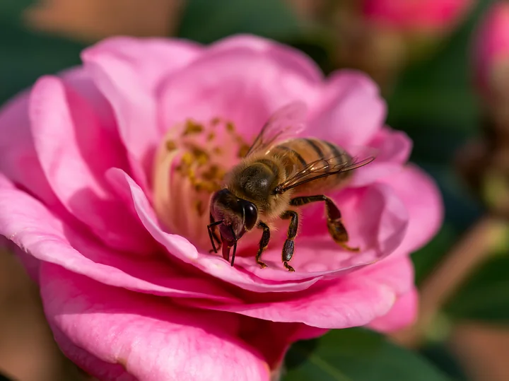 A honey bee crawling on petal collects nectar from a pink flower in a garden under natural light.
