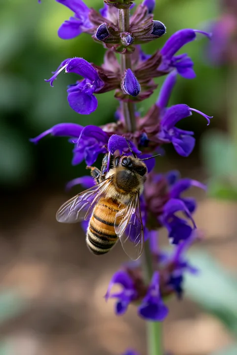 A honey bee is feeding on a purple flower in a garden setting.