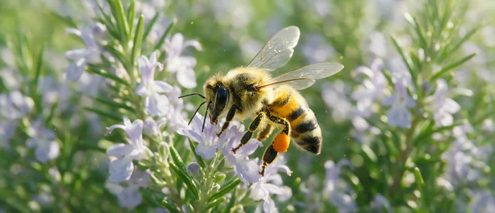 A honey bee on rosemary flower collects nectar during bright sunlight in a garden.