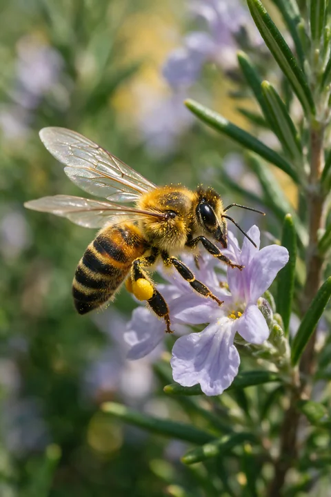 A honey bee on rosemary flower gathers nectar in a garden setting.