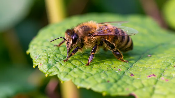 A honey bee resting on a green leaf in a garden, showing details of its body and wings.