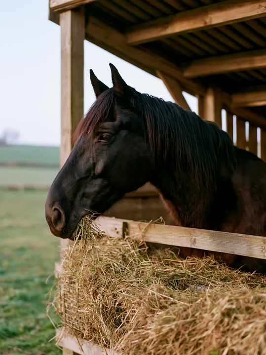 A horse is eating hay from a wooden trough in a stable.