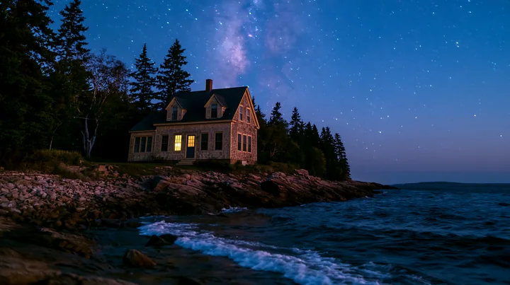 A house by the shore sits under a star-filled sky with the Milky Way visible.