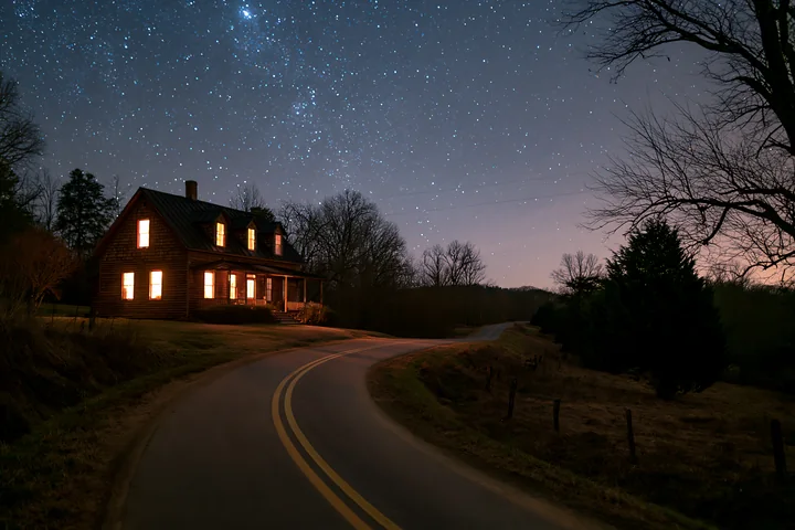 A house stands by a winding road under a clear sky filled with stars.