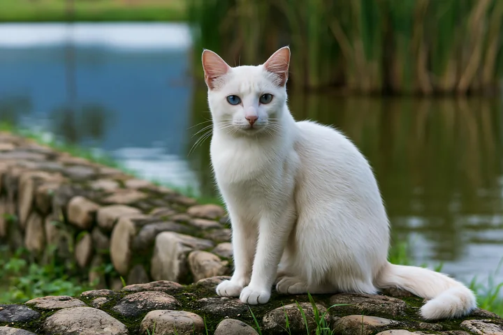 A Khao Manee cat poses on a stone path near calm water, surrounded by green grass and reeds.
