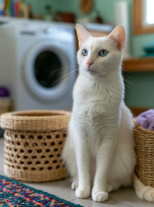 A Khao Manee cat sits calmly between two woven baskets in a cozy home.