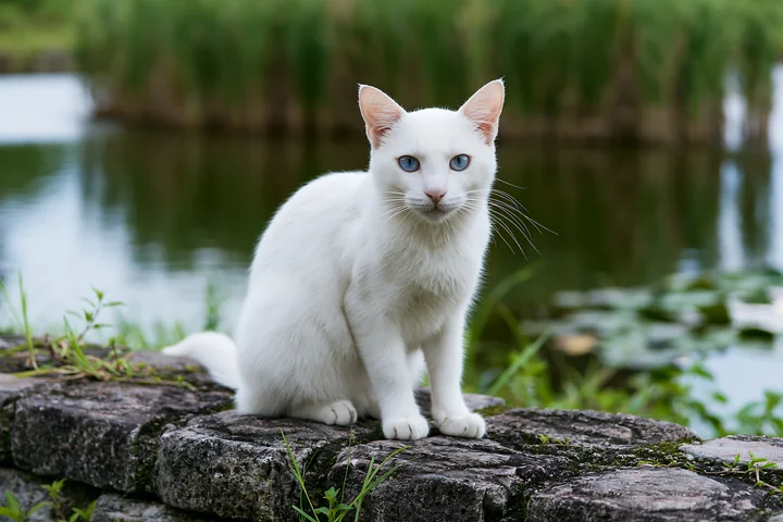 A Khao Manee cat sits on a stone wall beside a pond, surrounded by green grass and reflections in the water.
