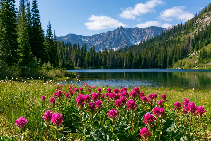 A lake reflects surrounding mountains with green forests and vibrant flowers at the water’s edge.