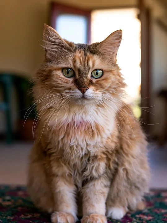 A LaPerm cat close up shows its unique fur texture and curious expression.