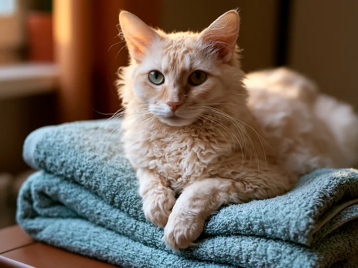 A LaPerm cat lies on top of a stack of blue towels, with soft lighting highlighting its curly fur and expressive eyes.