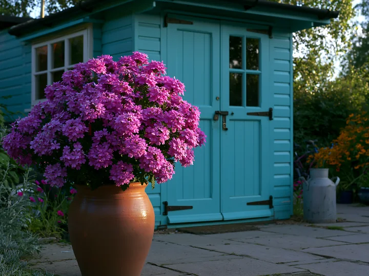 A large pot filled with vibrant purple flowers stands near a blue garden shed in a backyard.