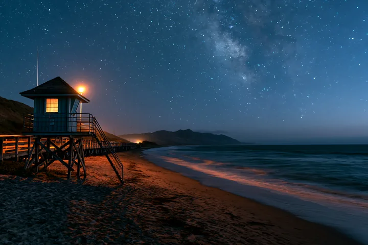 A lifeguard tower stands along a sandy beach as waves crash gently.