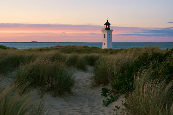 A lighthouse framed by coastal dunes stands tall with grass.