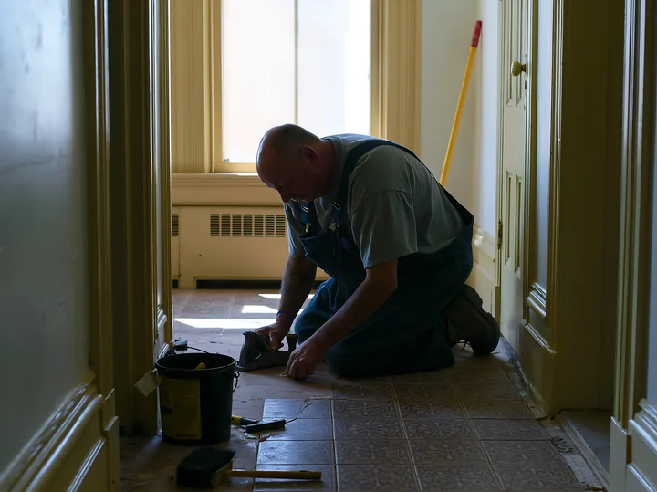 A lighthouse maintenance worker at work kneels on the floor while applying materials.
