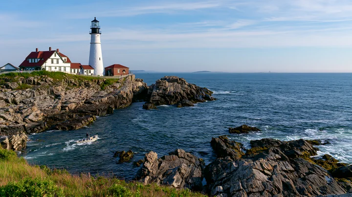A lighthouse near a rocky tide pool stands against the backdrop of the sea.