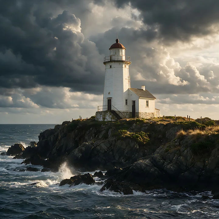 A lighthouse stands on a rocky coastline with waves crashing against the shore.