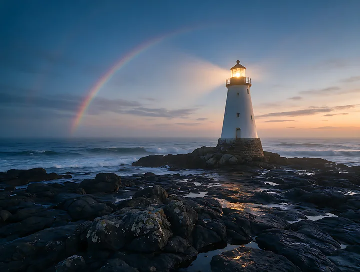 A lighthouse stands on rocky shores with a rainbow arching above, as waves crash against the rocks during sunset.