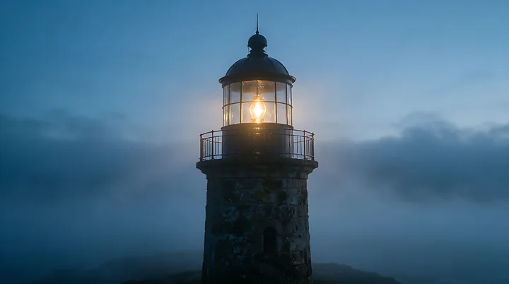 A lighthouse stands tall in heavy ocean fog with its light shining brightly.