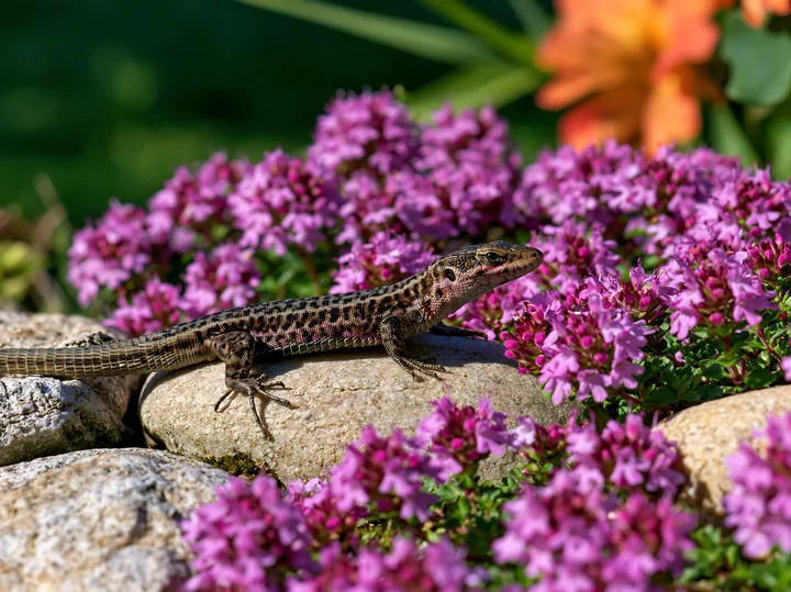 A lizard crawls on smooth stones while thyme flowers grow in clusters around it, creating a natural scene.