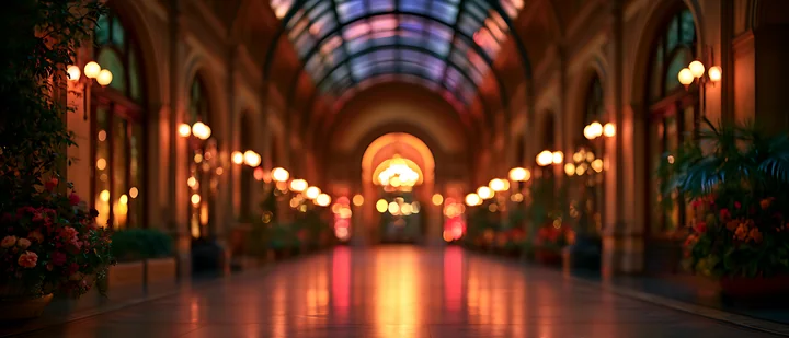A long hallway features arches and soft lighting from lamps along the sides.