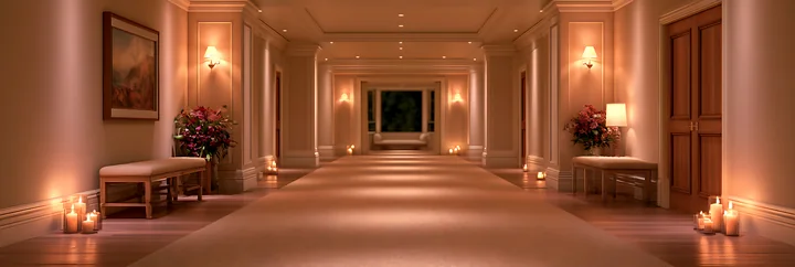 A long hallway features soft lighting, benches on either side, and candles lining the floor.