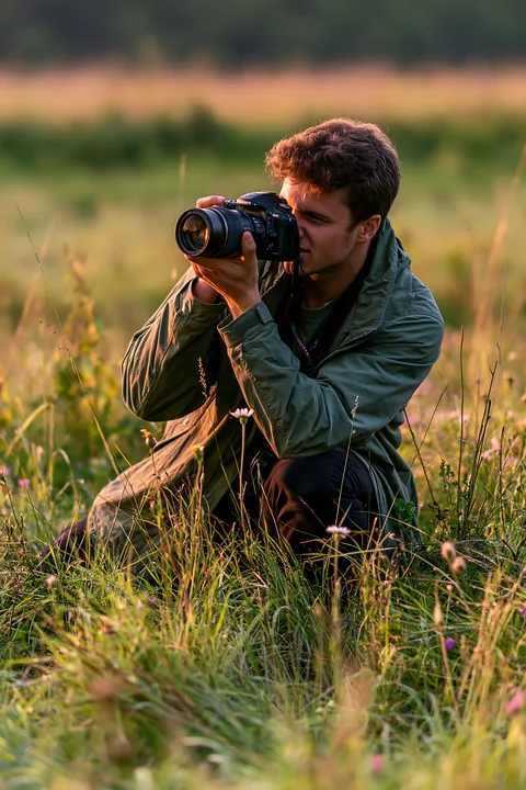 A man is crouched down in a meadow, focused on capturing images of flowers with his camera.