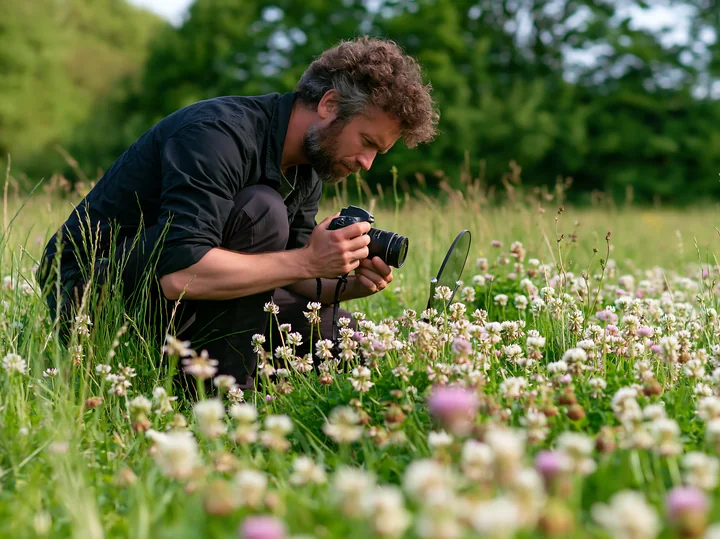 A man kneels in a green field filled with wildflowers, capturing images with his camera.