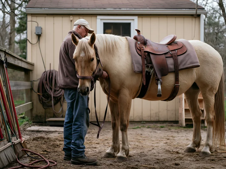 A man saddling a horse stands in a stable area with tools nearby.