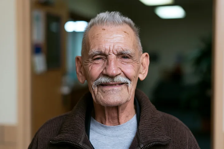 A man smiles during a Parkinson's support group meeting.
